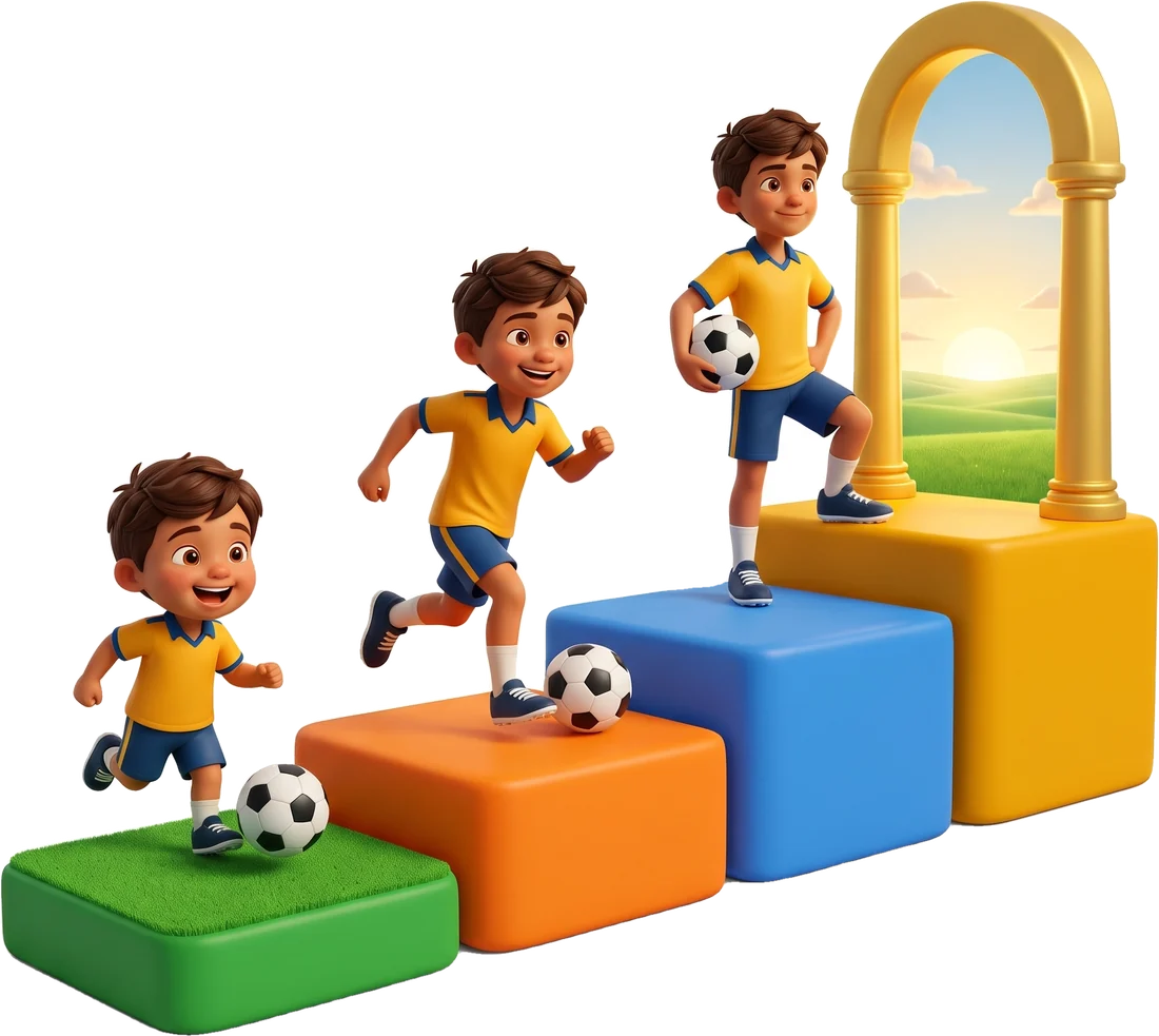 O mesmo menino em três idades sobe quatro degraus: aos 7 anos chuta a bola no degrau verde, aos 10 corre com a bola no laranja e aos 13 pisa no azul, rumo a um arco dourado aberto para o campo e o sol nascendo.