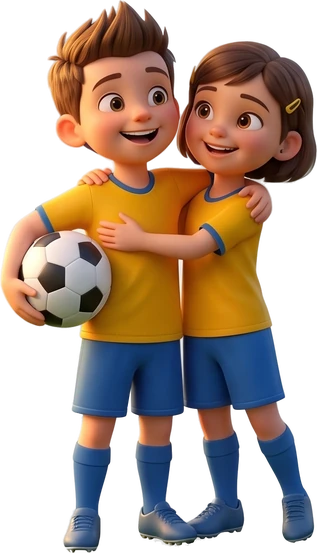 Um menino e uma menina de uniforme amarelo, abraçados, com uma bola de futebol.