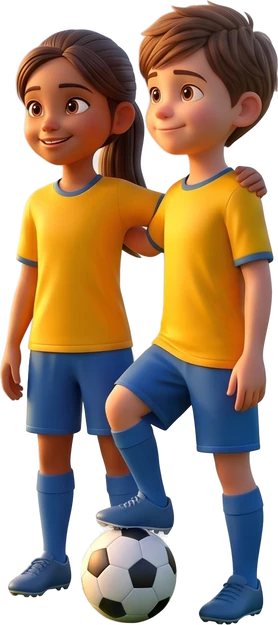 Uma menina e um menino de uniforme amarelo, lado a lado, ela com o braço sobre os ombros dele, com a bola aos pés.