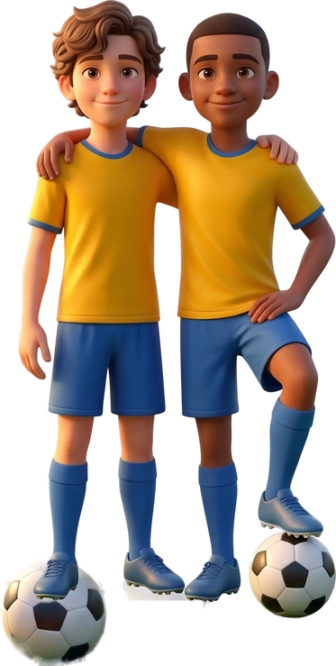 Dois meninos mais velhos de uniforme amarelo, abraçados, com bolas de futebol aos pés.